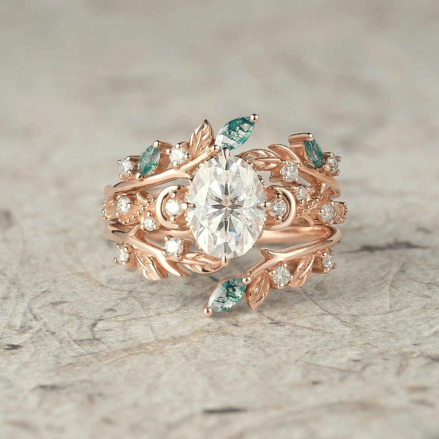 Moissanite & Moss Agate Ring Set 2pcs - Paisley