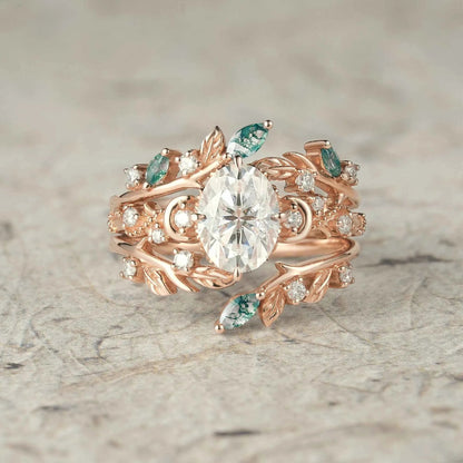 Moissanite & Moss Agate Ring Set 2pcs - Paisley