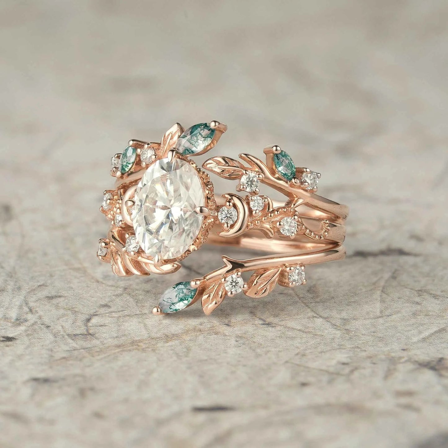 Moissanite & Moss Agate Ring Set 2pcs - Paisley
