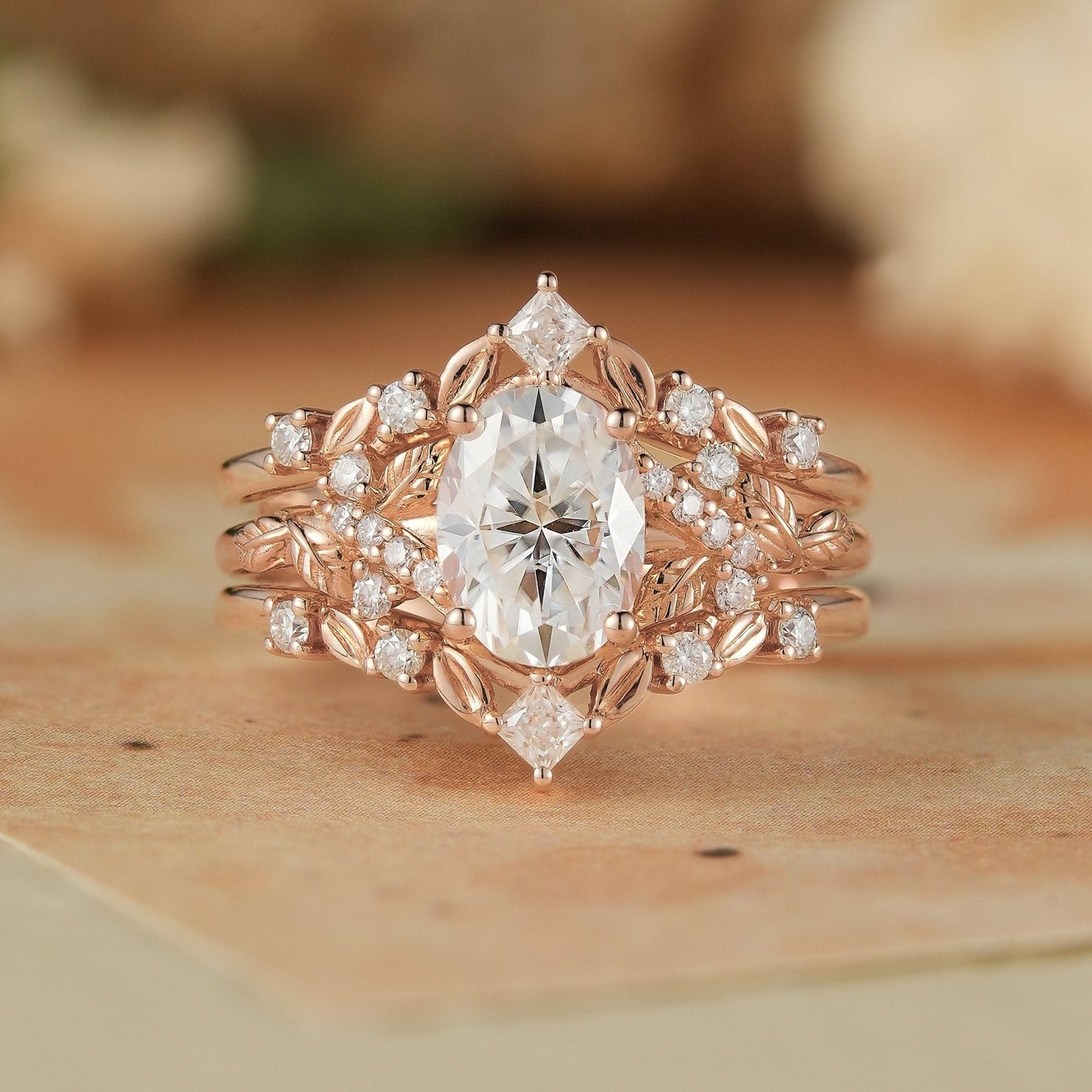 Moissanite Oak Leaf Inspired Enhancer Ring Set -Waverly