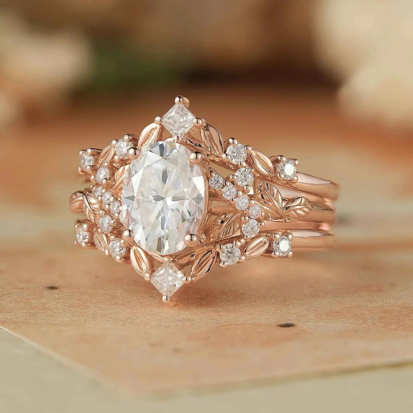 Moissanite Oak Leaf Inspired Enhancer Ring Set -Waverly