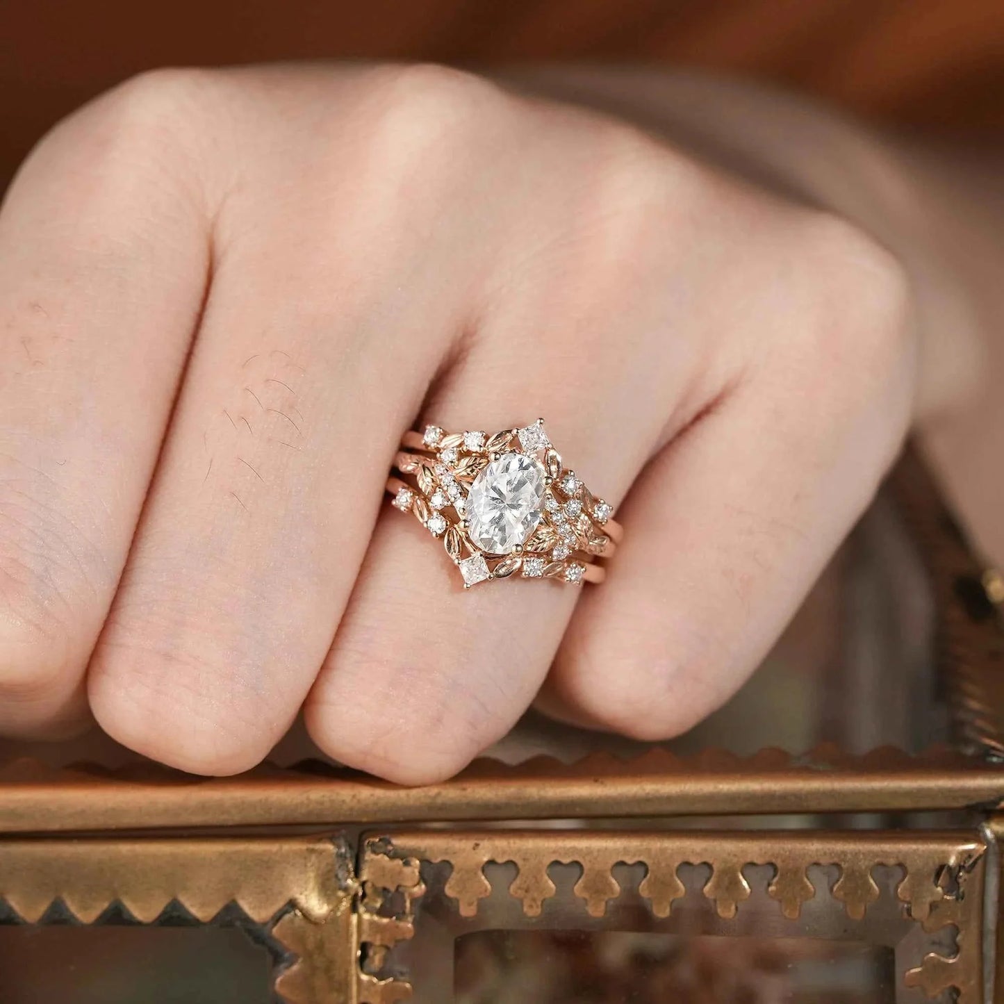 Moissanite Oak Leaf Inspired Enhancer Ring Set -Waverly