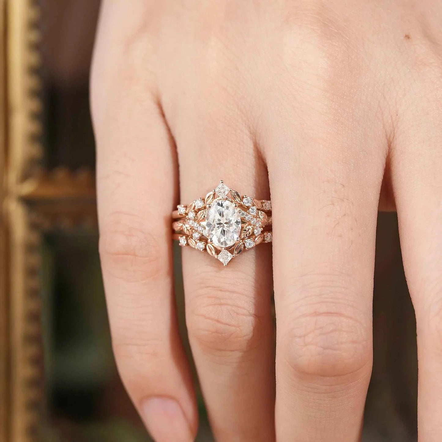 Moissanite Oak Leaf Inspired Enhancer Ring Set -Waverly
