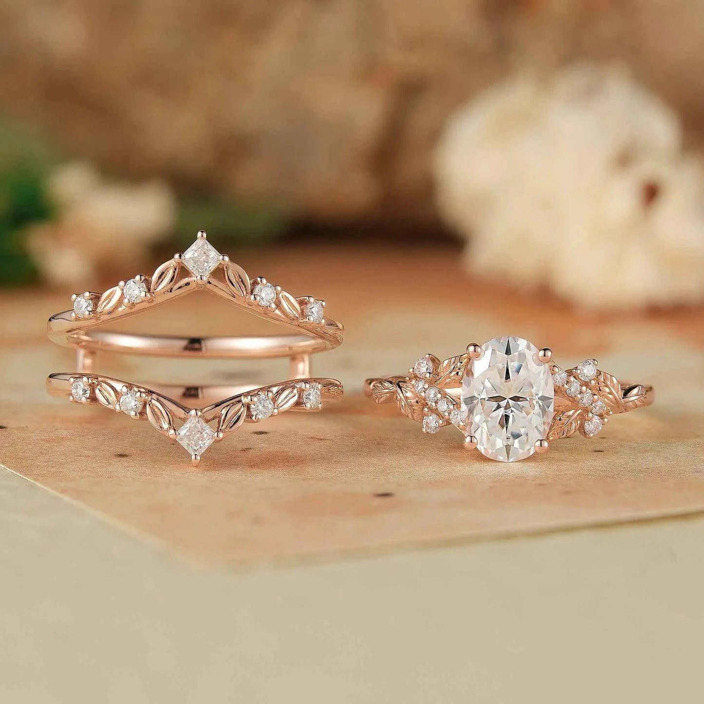 Moissanite Oak Leaf Inspired Enhancer Ring Set -Waverly