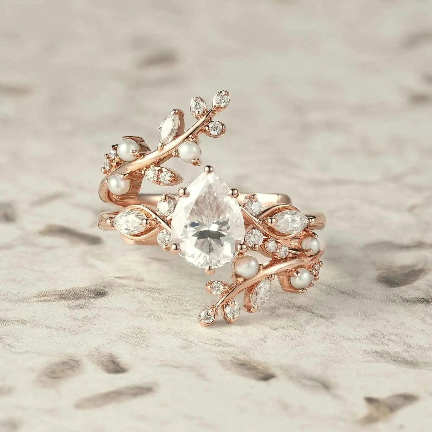 Moissanite & Pearl Engagement Ring Set - Athena