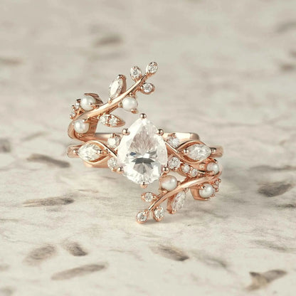 Moissanite & Pearl Engagement Ring Set - Athena