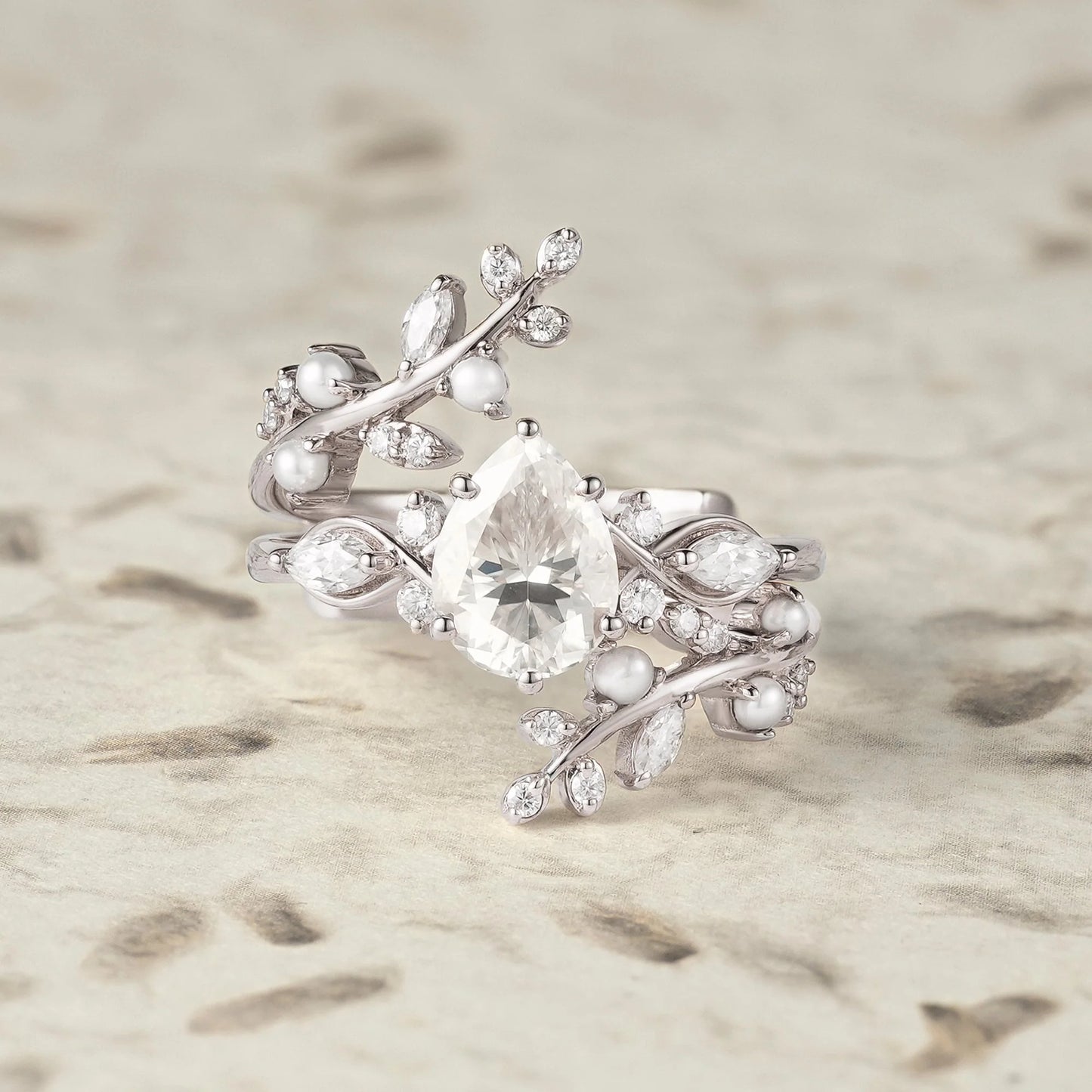 Moissanite & Pearl Engagement Ring Set - Athena