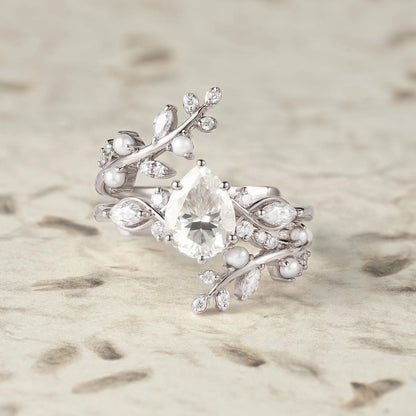 Moissanite & Pearl Engagement Ring Set - Athena