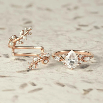 Moissanite & Pearl Engagement Ring Set - Athena