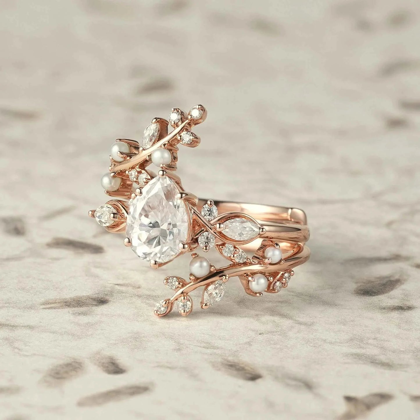Moissanite & Pearl Engagement Ring Set - Athena