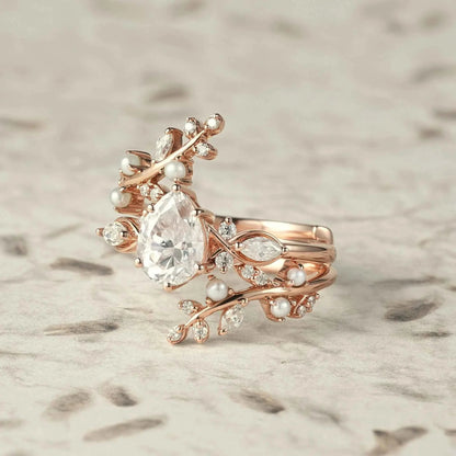 Moissanite & Pearl Engagement Ring Set - Athena