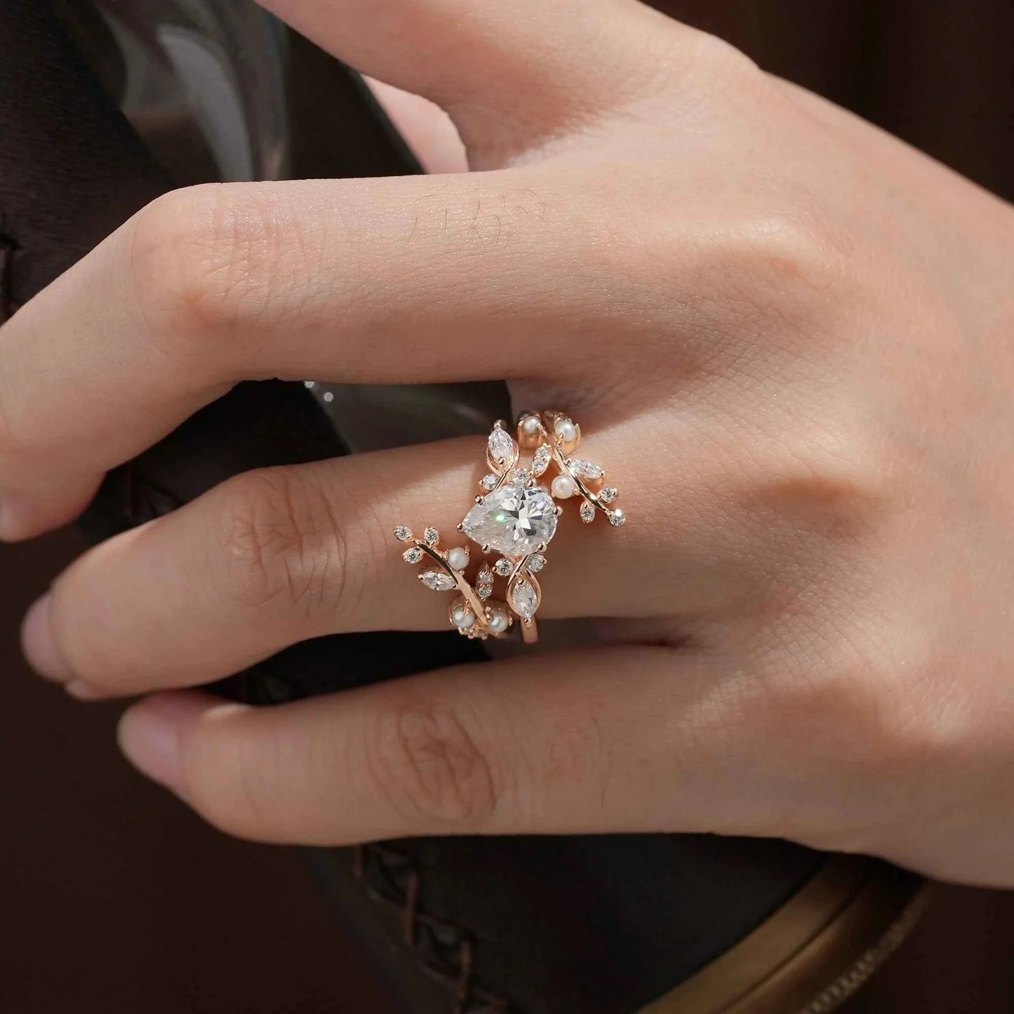 Moissanite & Pearl Engagement Ring Set - Athena