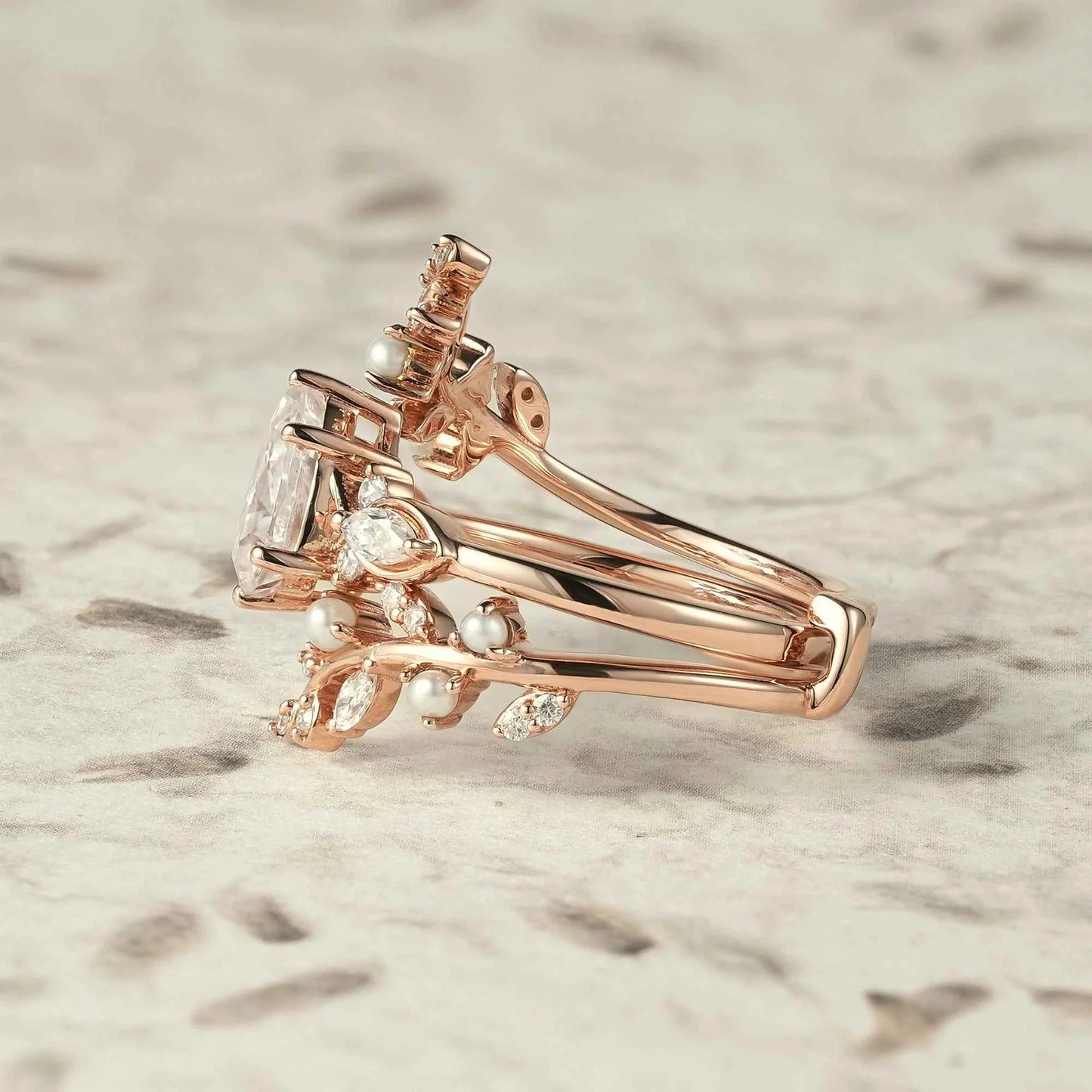 Moissanite & Pearl Engagement Ring Set - Athena