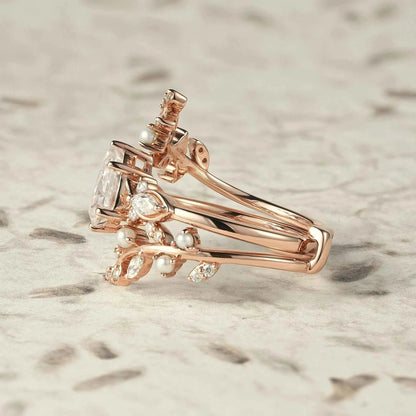 Moissanite & Pearl Engagement Ring Set - Athena