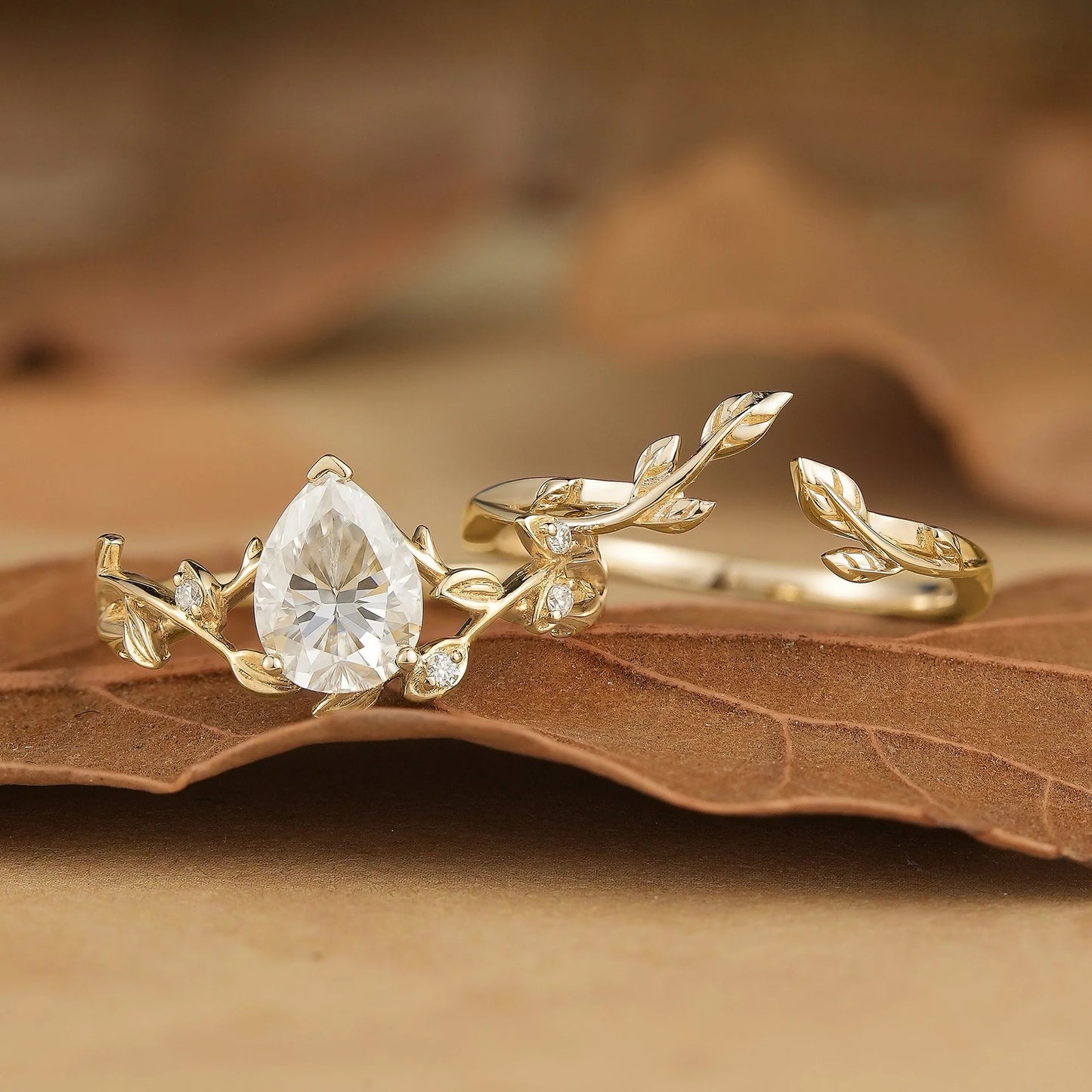 Moissanite Vine Inspired Pear Shaped Design Bridal Set-Yara