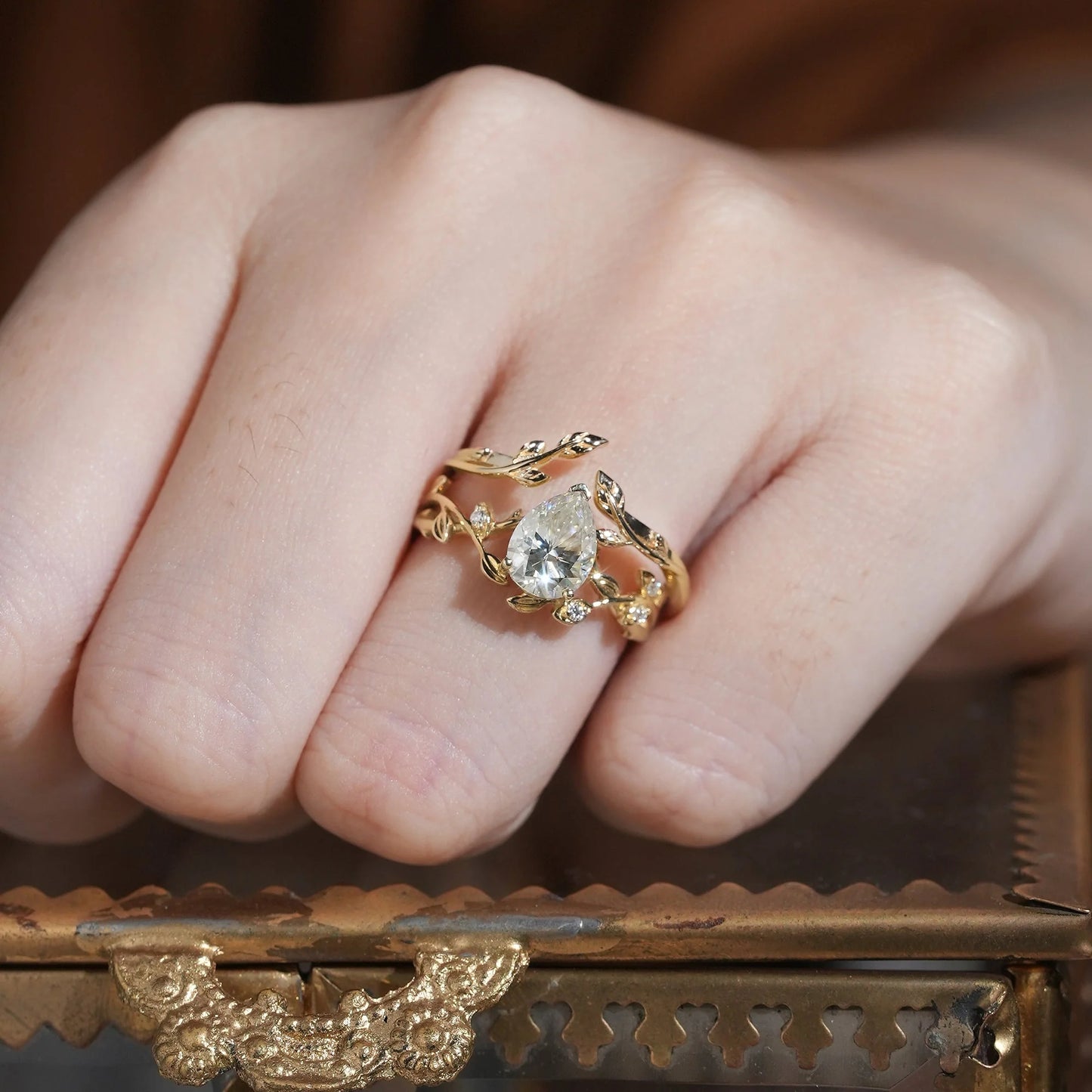 Moissanite Vine Inspired Pear Shaped Design Bridal Set-Yara