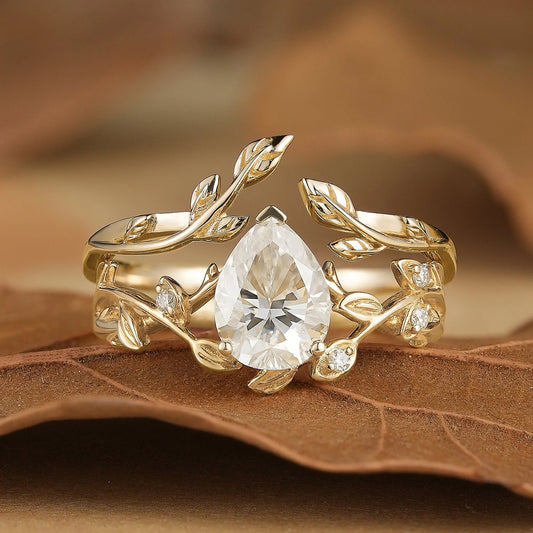 Moissanite Vine Inspired Pear Shaped Design Bridal Set-Yara