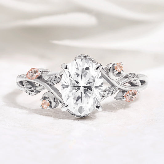 Oval Cut Moissanite Leaf Engagement Ring Morganite Side Stone