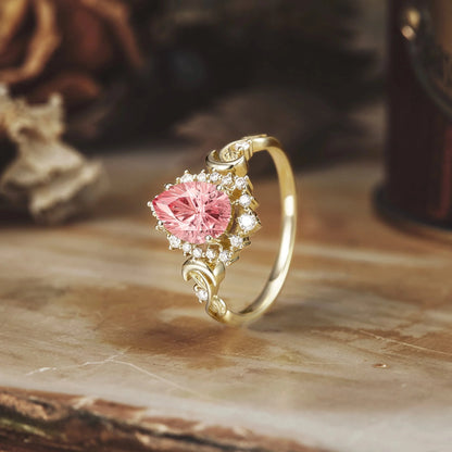 Moon and Leaf Design | Sparkle Cut Padparadscha Ring: Luna