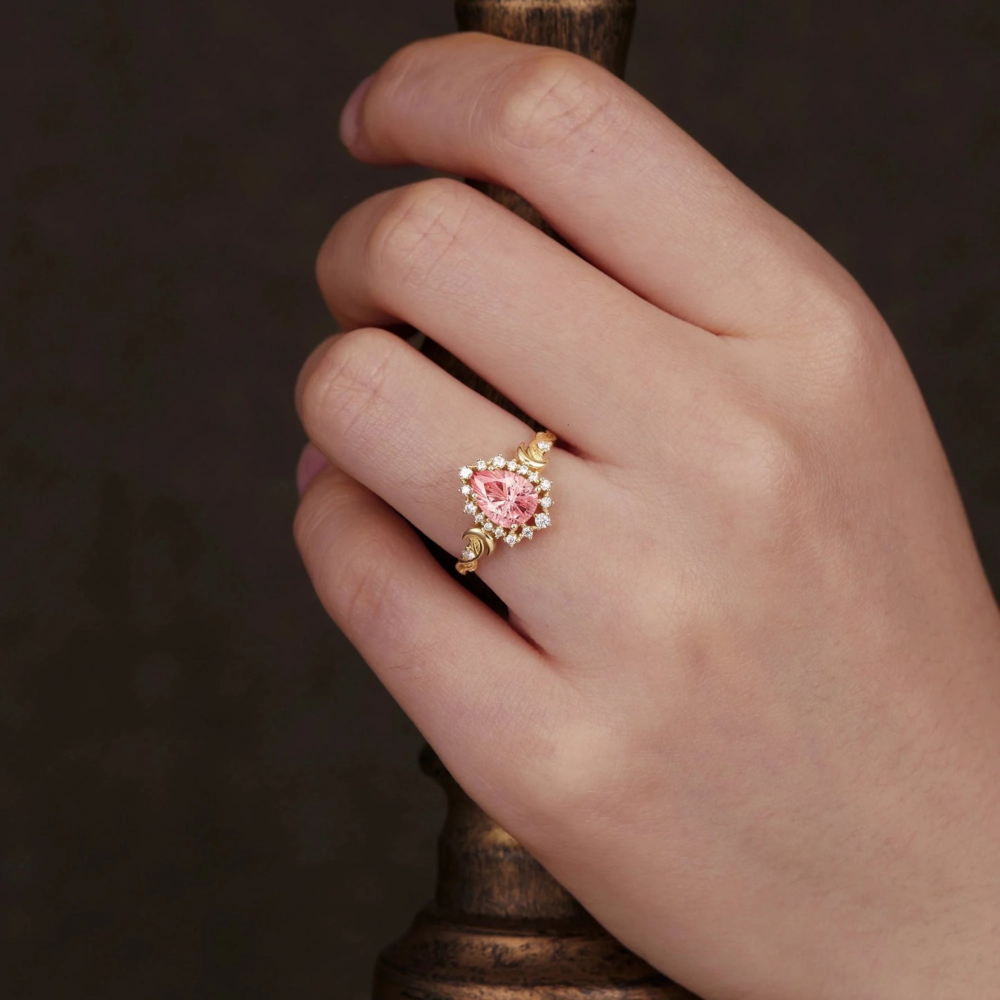Moon and Leaf Design | Sparkle Cut Padparadscha Ring: Luna
