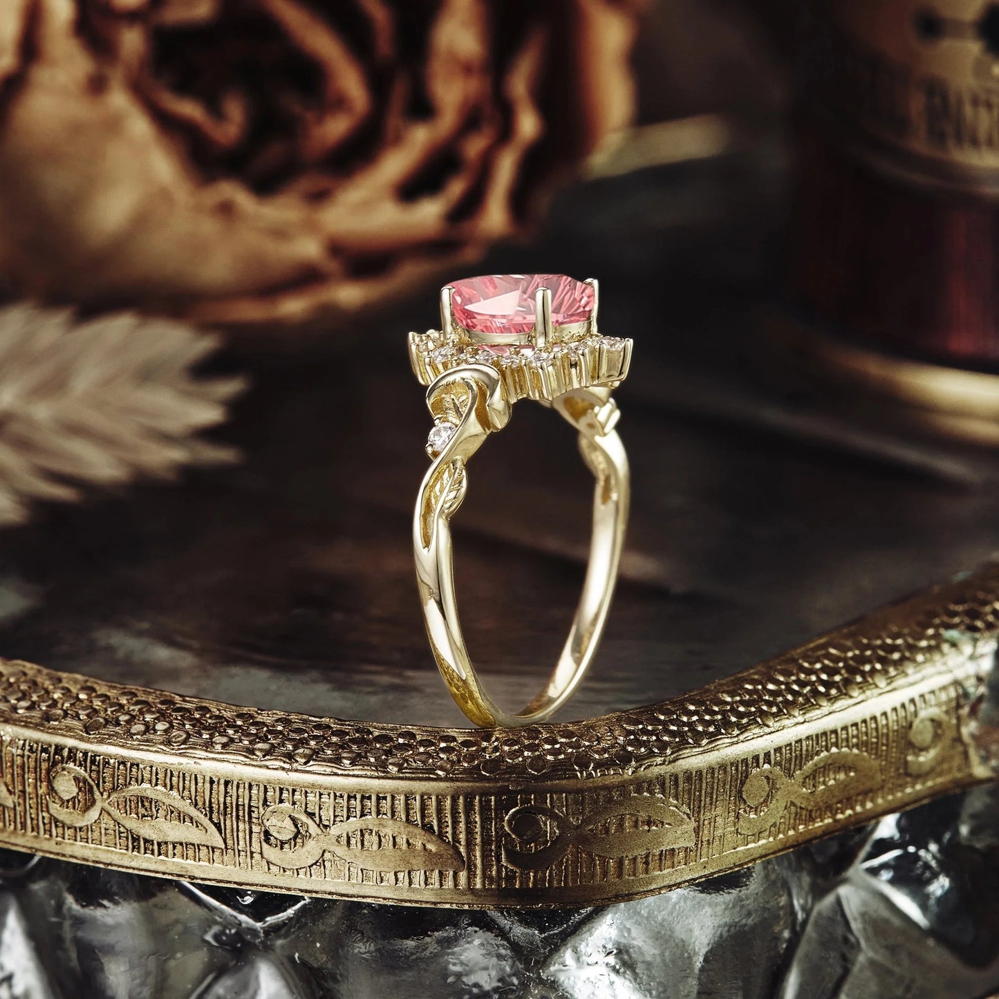 Moon and Leaf Design | Sparkle Cut Padparadscha Ring: Luna