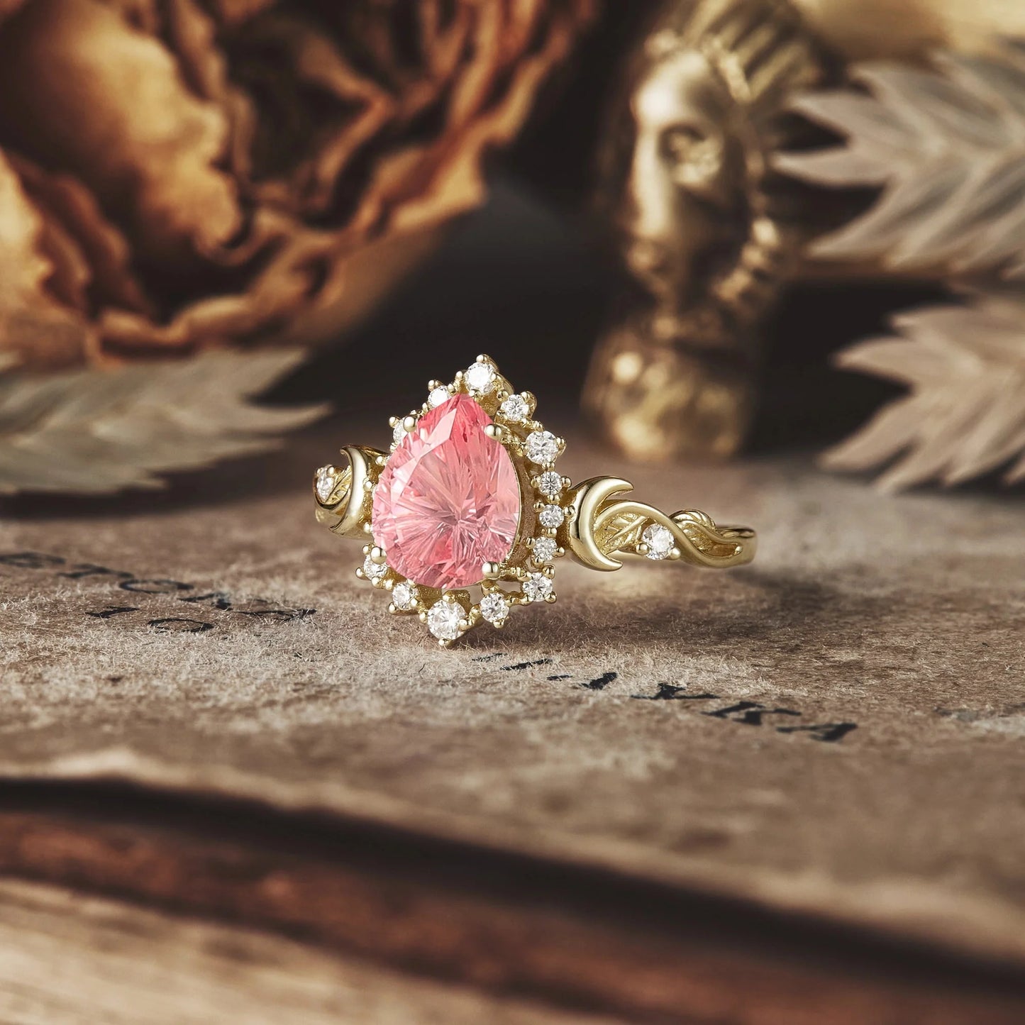 Moon and Leaf Design | Sparkle Cut Padparadscha Ring: Luna
