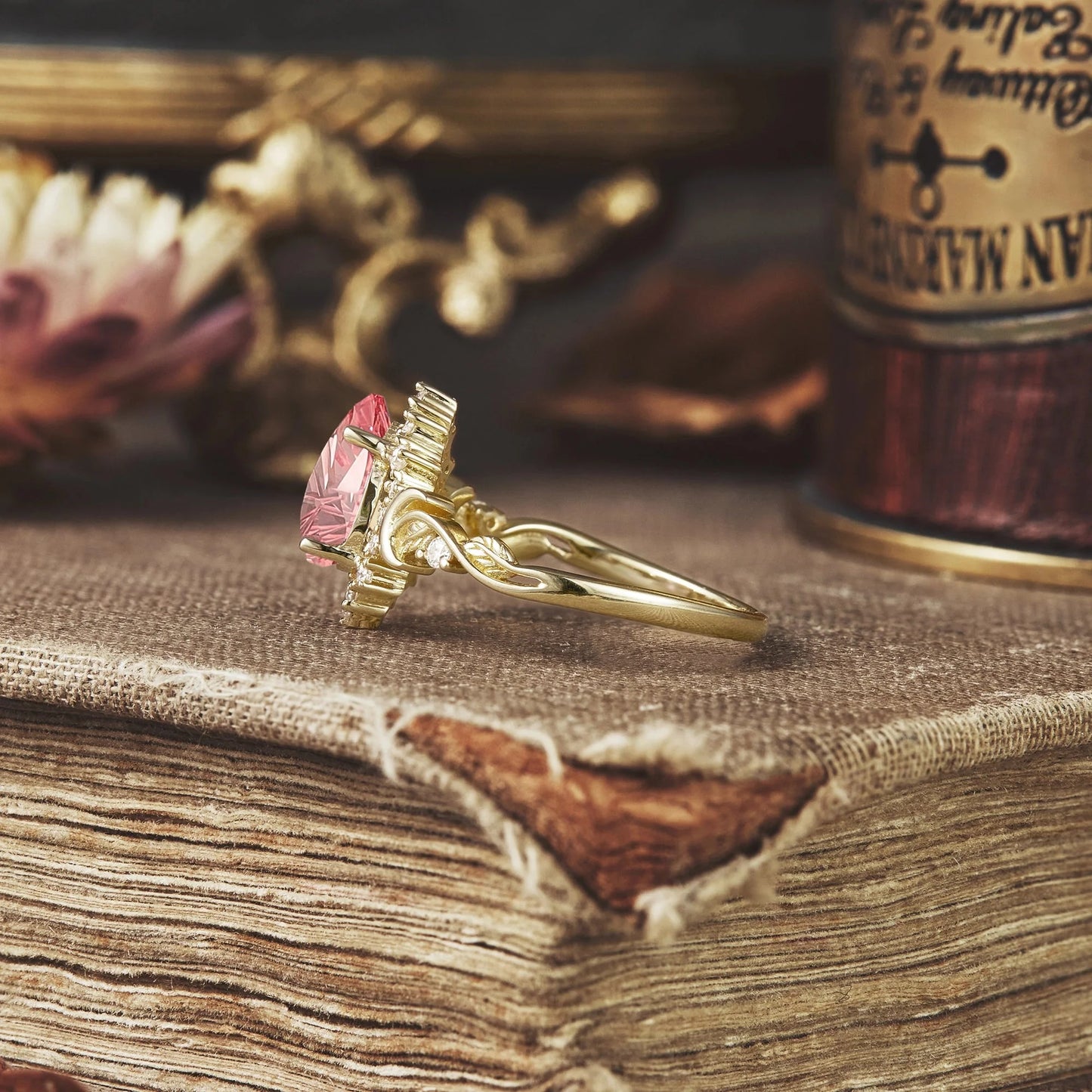 Moon and Leaf Design | Sparkle Cut Padparadscha Ring: Luna