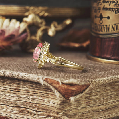 Moon and Leaf Design | Sparkle Cut Padparadscha Ring: Luna