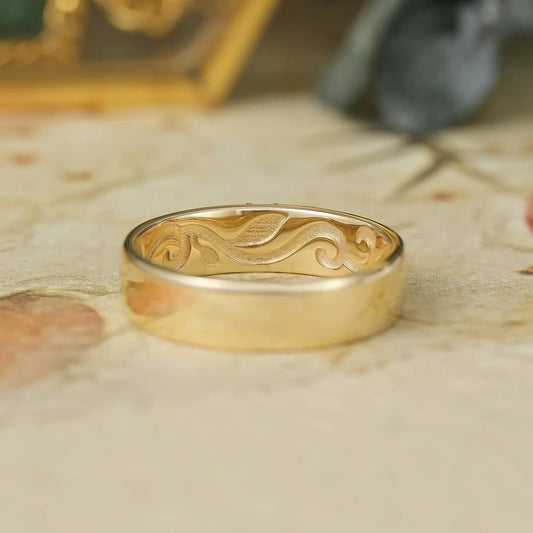 Moss Agate Band with Intricate Scroll and Leaf Inner Engraving - Dominic