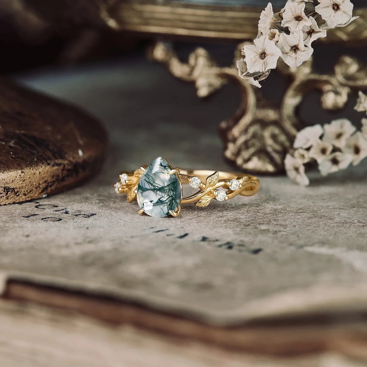 Moss Agate Leaf Engagement Ring - GemsMagic