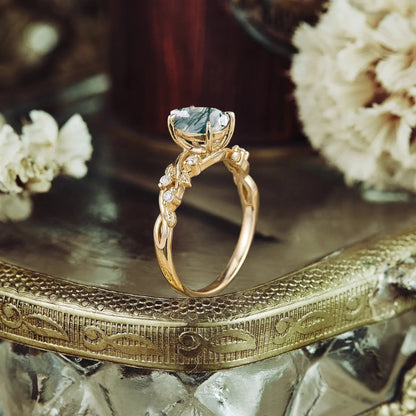 Moss Agate Leaf Engagement Ring - GemsMagic