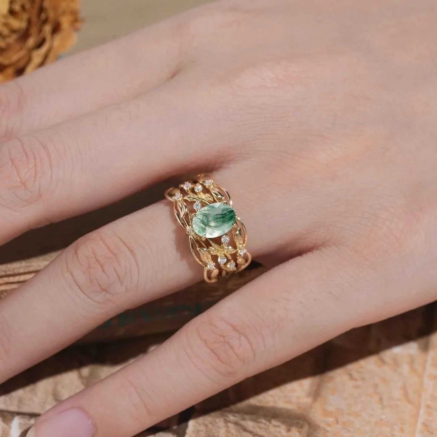Moss Agate Leafy Enhancer Ring Set 2pcs-Aya
