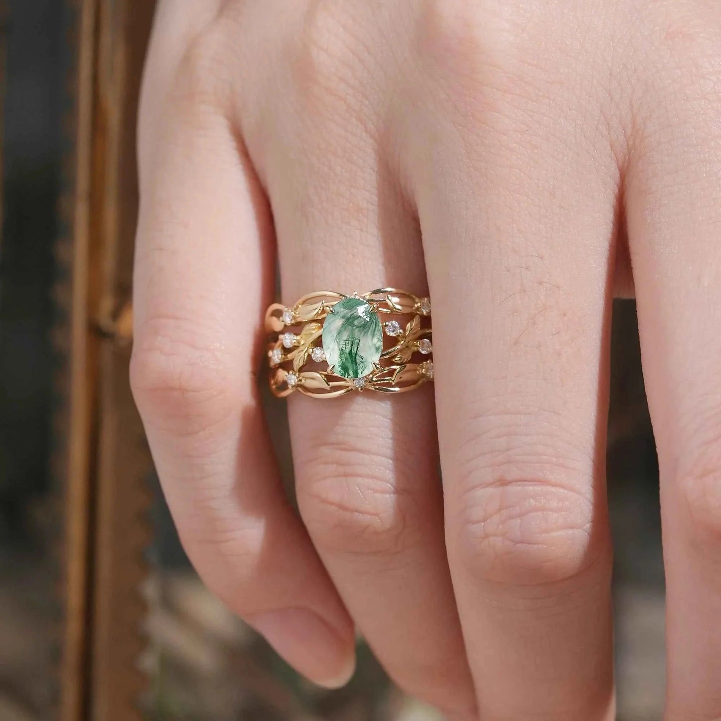 Moss Agate Leafy Enhancer Ring Set 2pcs-Aya