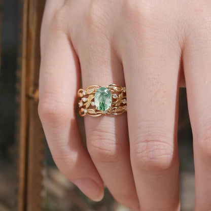 Moss Agate Leafy Enhancer Ring Set 2pcs-Aya