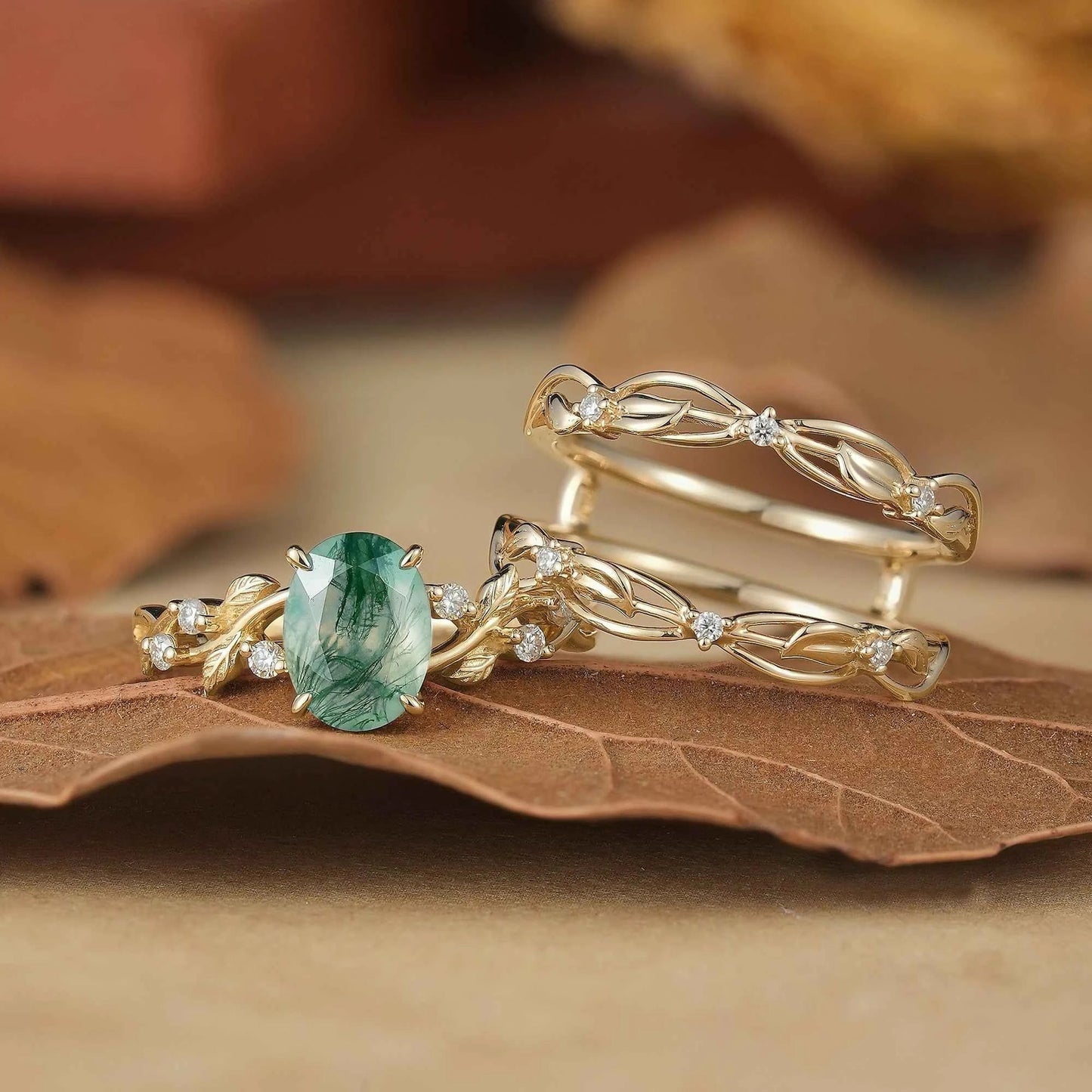 Moss Agate Leafy Enhancer Ring Set 2pcs-Aya