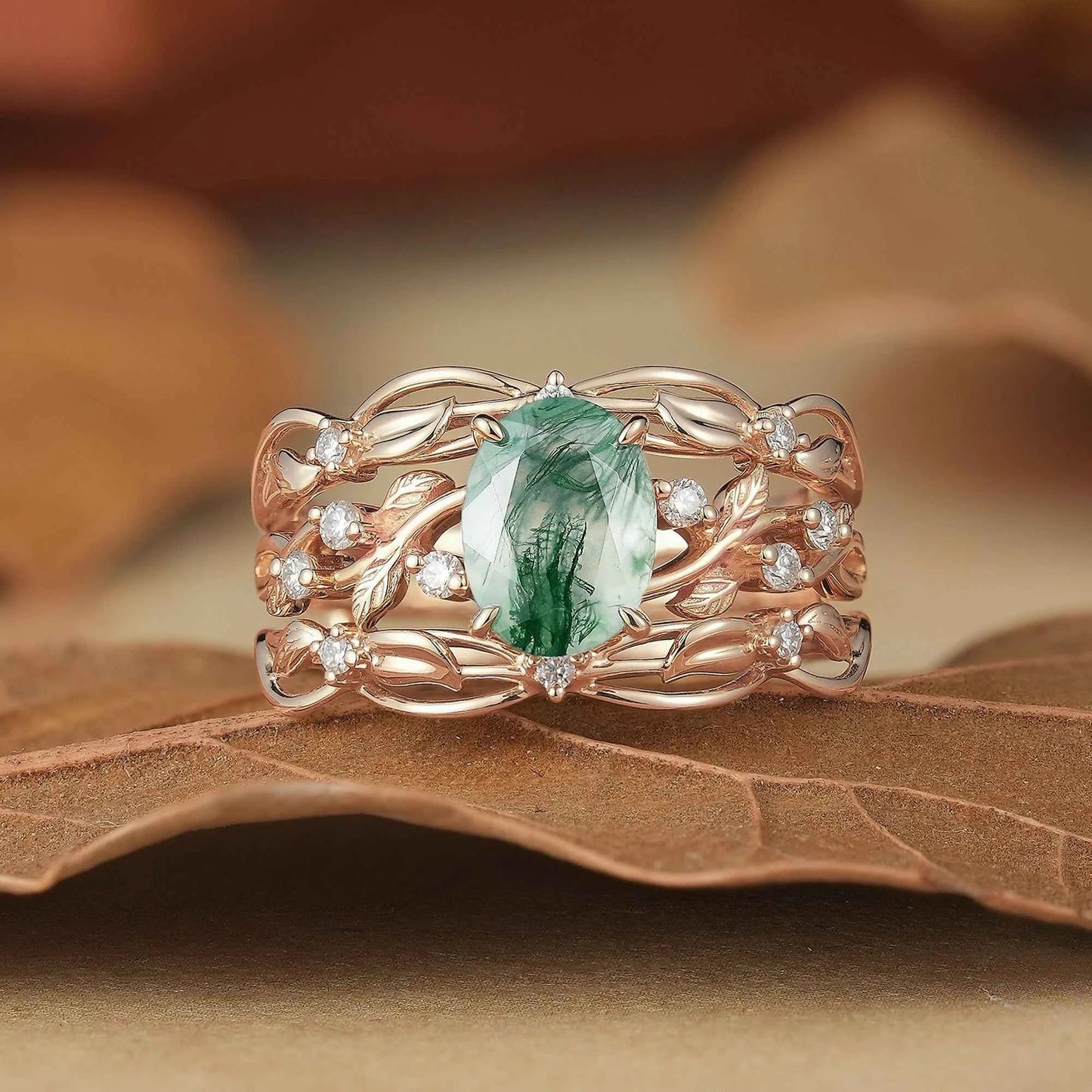 Moss Agate Leafy Enhancer Ring Set 2pcs-Aya