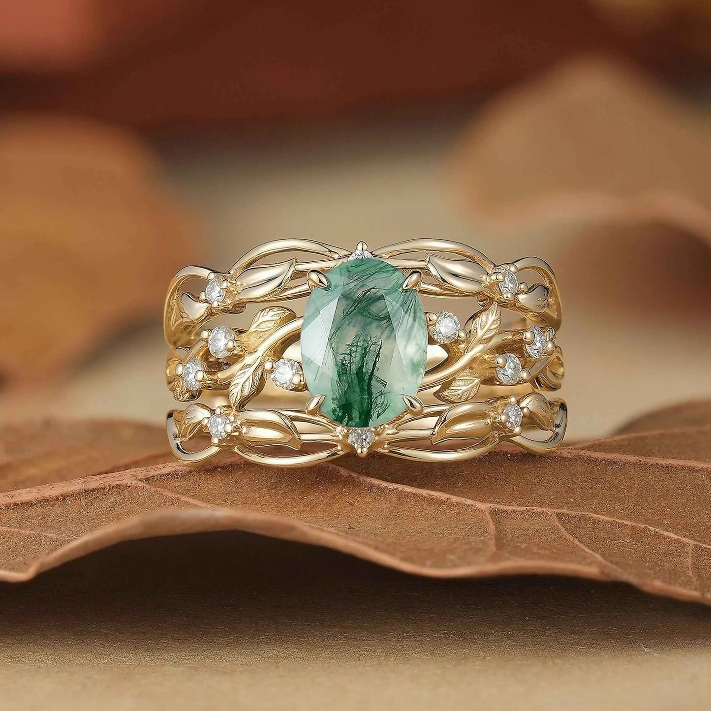 Moss Agate Leafy Enhancer Ring Set 2pcs-Aya