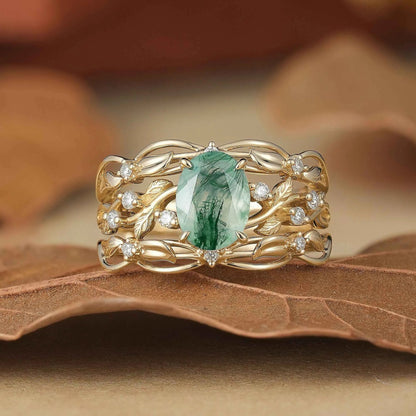 Moss Agate Leafy Enhancer Ring Set 2pcs-Aya