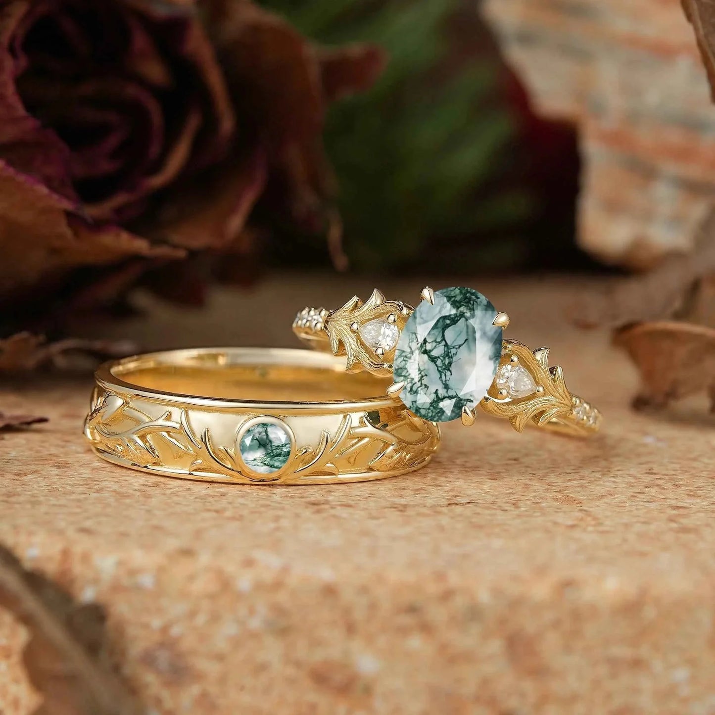 Moss Agate Stag Inspired Couple Ring Set Nature Inspired Elven Rings