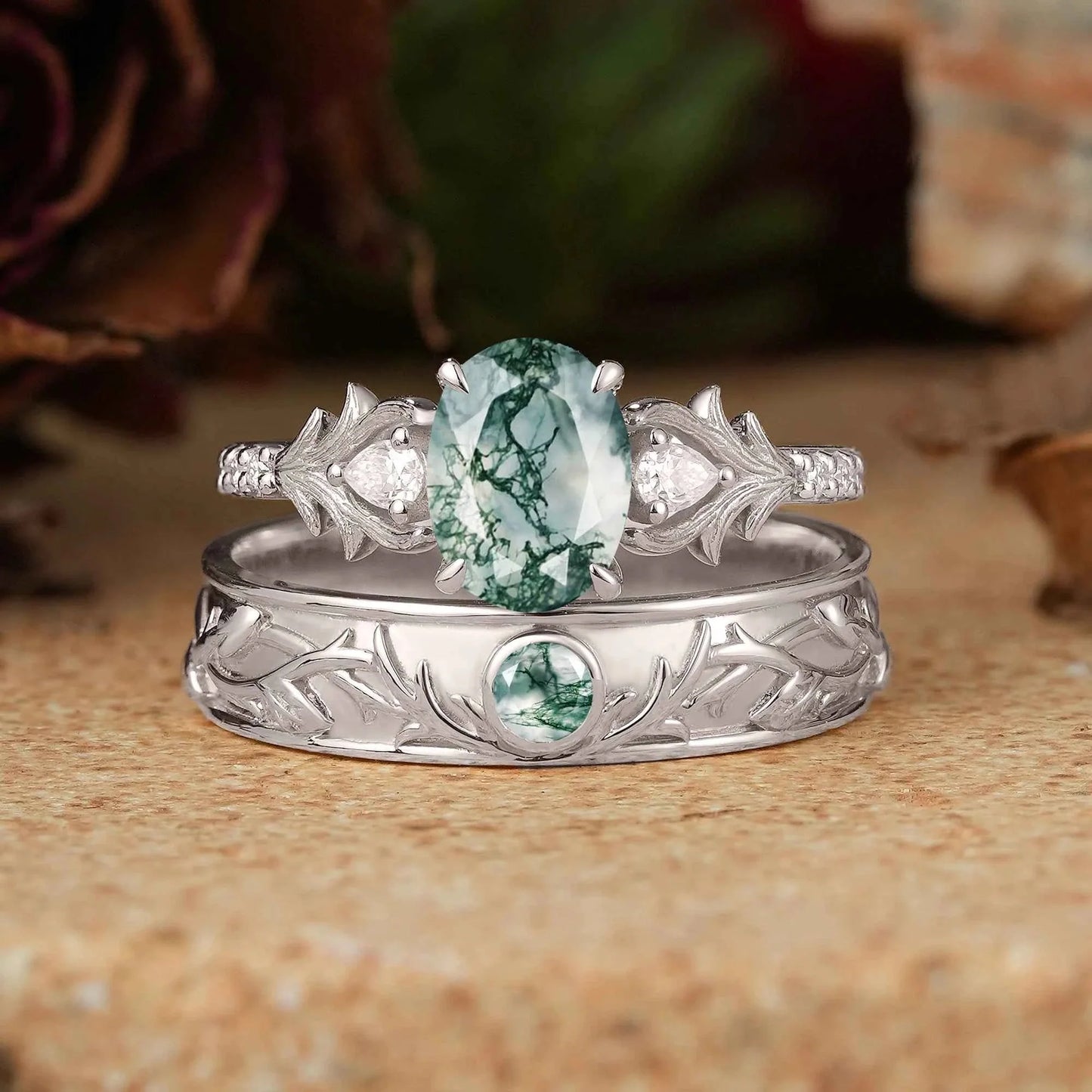 Moss Agate Stag Inspired Couple Ring Set Nature Inspired Elven Rings