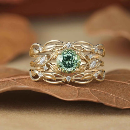 Natural Green Sapphire & Moissanite Ring Set 2pcs-Lumi