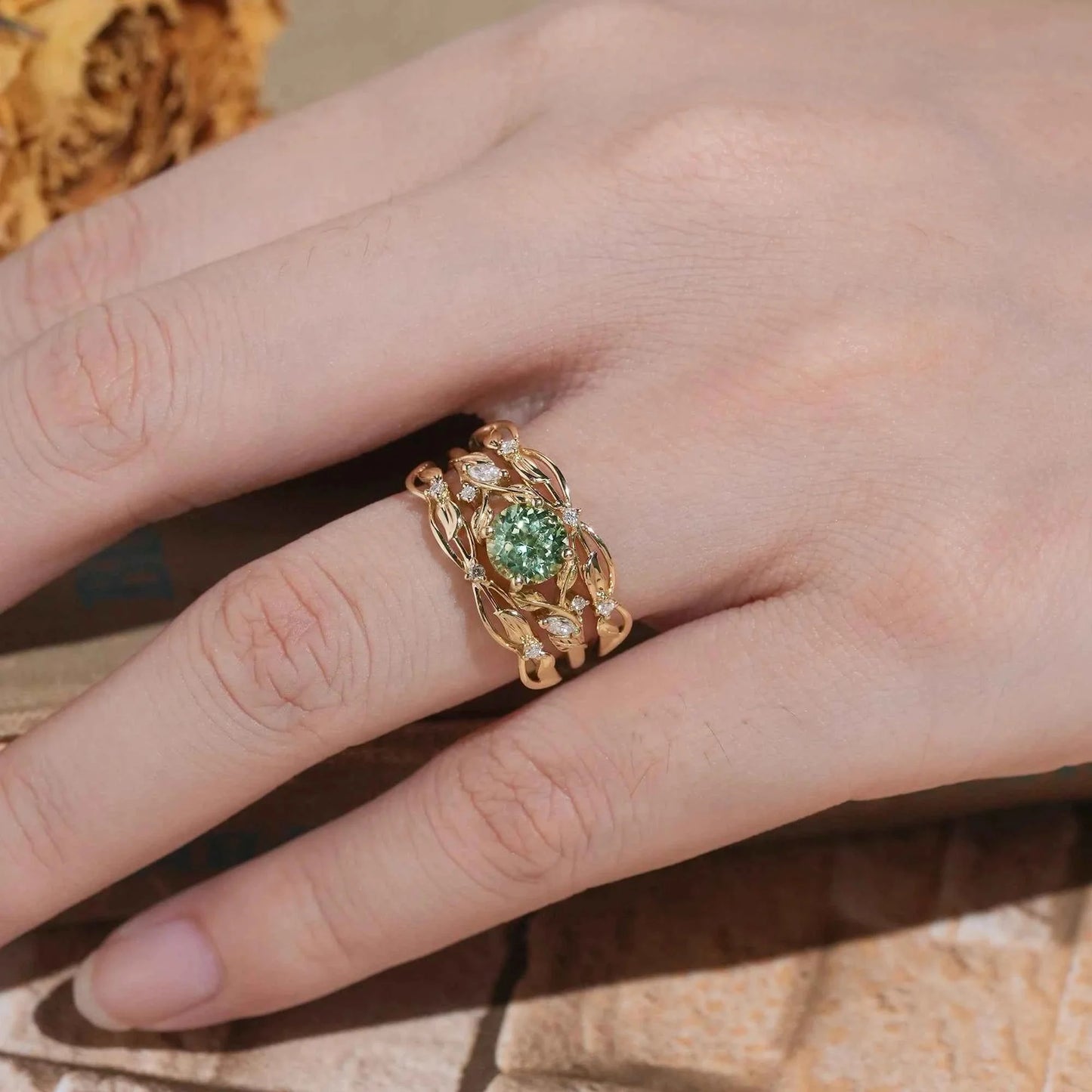 Natural Green Sapphire & Moissanite Ring Set 2pcs-Lumi