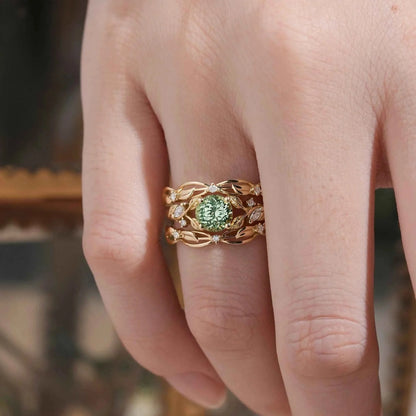 Natural Green Sapphire & Moissanite Ring Set 2pcs-Lumi