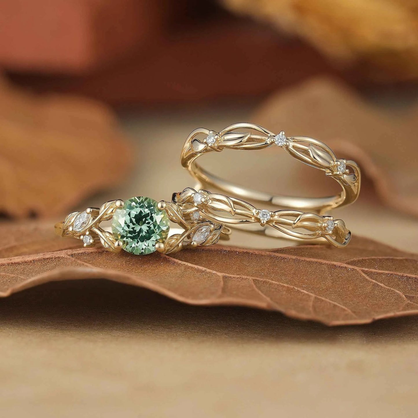 Natural Green Sapphire & Moissanite Ring Set 2pcs-Lumi
