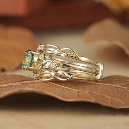Natural Green Sapphire & Moissanite Ring Set 2pcs-Lumi
