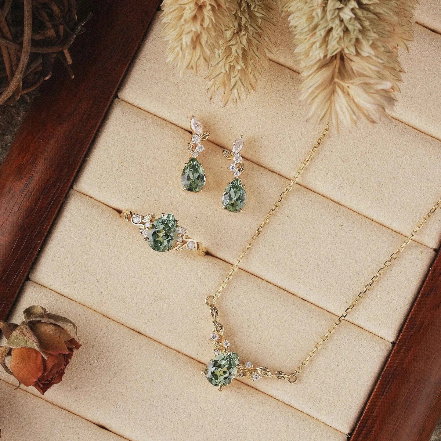 Nature Inspired 3pcs Green Sapphire Jewelry Sets-Ring & Necklace & Earrings