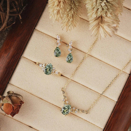 Nature Inspired 3pcs Green Sapphire Jewelry Sets-Ring & Necklace & Earrings