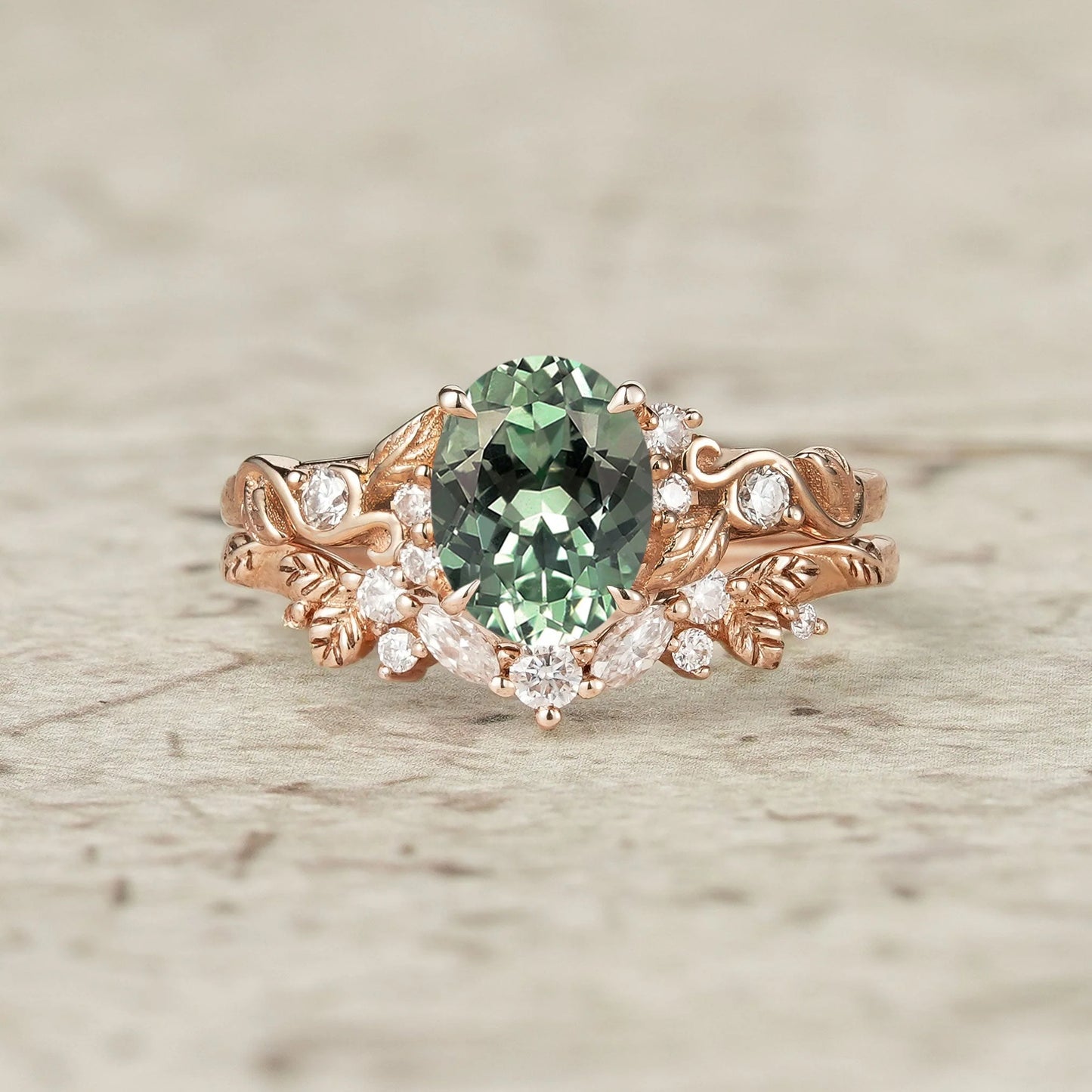 Nature Inspired Green Sapphire Bridal Set 2pcs-Aveline