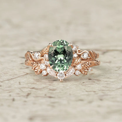 Nature Inspired Green Sapphire Bridal Set 2pcs-Aveline