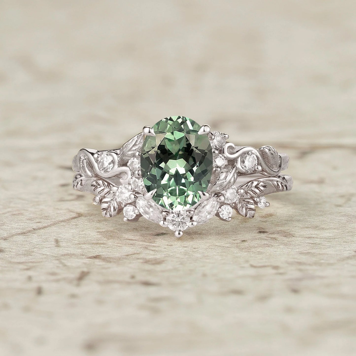 Nature Inspired Green Sapphire Bridal Set 2pcs-Aveline